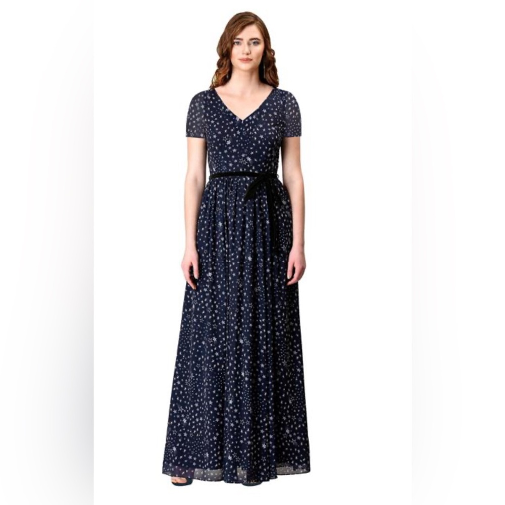 eShakti Wayward Fancies belted plunge star print georgette maxi dress 3/4X EUC